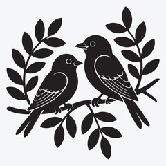 Two Birds Sitting on Branch with Leaves