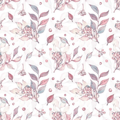 Watercolor seamless pattern with purple and pink bouquets. Bouquets of pink and purple lilies with berries. Hand-drawn print for design and decoration. Suitable for wrapping paper and textiles.