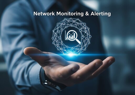 A person holding a digital representation of network monitoring and alerting, with a magnifying glass over a graph, symbolizing data analysis and system surveillance - Powered by Adobe