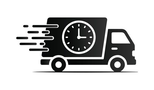 Fast delivery truck with clock icon symbolizing time sensitive shipping