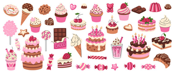 Sweet pastries, desserts, candies, and drinks set. Romantic cakes, cupcakes, chocolates, and other pink sweets.