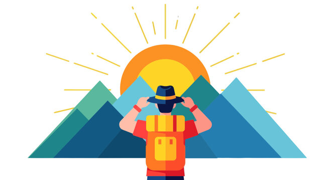 Adventurer Staring at the Sunrise Over the Majestic Mountain Range in Vibrant Colors