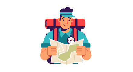 Adventurer Planning His Trek: Illustrated Portrait Of A Smiling Outdoorsman