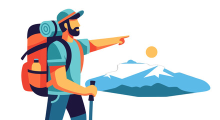 Fototapeta premium Adventurer Pointing at Mountain, Discovering Peaks, Nature, And Mountainous Landscape Adventure