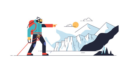Fototapeta premium Adventurer Pointing Towards Mountain Range Depicting Exploration And Challenge Ahead
