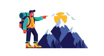 Fototapeta premium Adventurer Pointing Towards Mountains At Sunrise, Traveling Through Beautiful Scenery