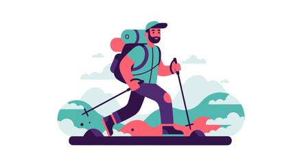 Adventurer Traversing Mountainous Terrain Amidst Vivid Colors and Animated Landscape