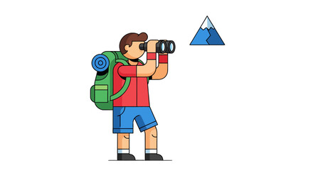 Adventurer Using Binoculars to Observe Snowy Mountain on a Dark Background