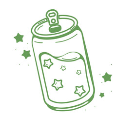A delightful vector illustration of a cute, hand-drawn green tin can brightly decorated star patterns. This stylized graphic, perfect for children's decor, packaging, or holiday design accents