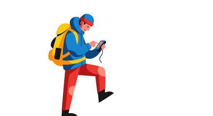 Fototapeta premium Adventurer Using Phone While Hiking, A Modern Approach to Navigation, On The Rise