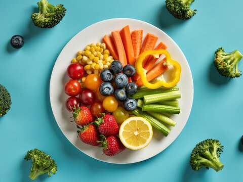 Healthy fruit and vegetable plate with colorful fruits and fresh broccoli - Powered by Adobe
