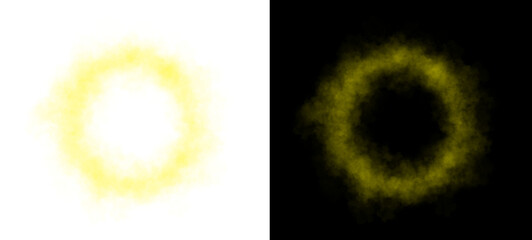 Realistic circular yellow smoke frame with soft edges and transparent texture isolated on white and black backgrounds for design use