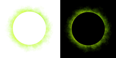 Realistic circular green smoke frame with soft edges and transparent texture isolated on white and black backgrounds for design use © siaminka