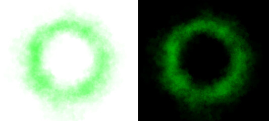 Realistic circular green smoke frame with soft edges and transparent texture isolated on white and black backgrounds for design use