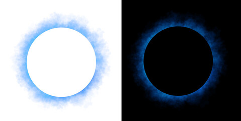 Obraz premium Realistic circular blue smoke frame with soft edges and transparent texture isolated on white and black backgrounds for design use