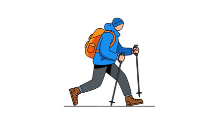 Obraz premium Adventurer Progressing, Walking Through The Mountain Trail, With Hiking Equipment and Accessories