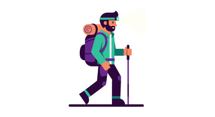 Fototapeta premium Adventurer With Backpack, Trekking with Headlamp, Walking In The Dark Illustration