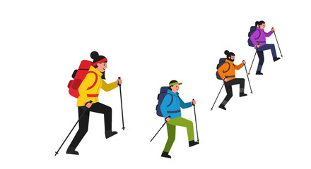 Fototapeta premium Adventurers Ascend Mountain Together, Hiking With Poles, Colorful Garments, And Black Background