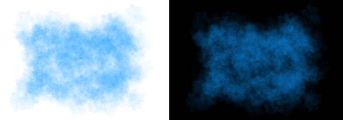 Realistic rectangular blue smoke frame with soft edges and transparent texture shown on white and black backgrounds for design use © siaminka
