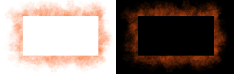 Realistic rectangular orange red smoke flame frame with soft edges and transparent texture shown on white and black backgrounds for design use