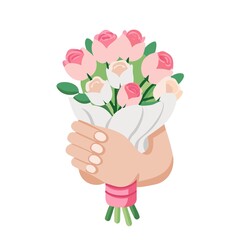 Hands of bride with wedding beautiful bouquet of white and pink roses.