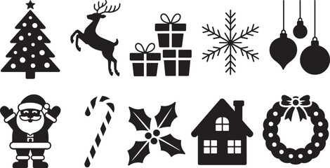 Christmas Icons Silhouette Collection Santa Claus Reindeer Tree Snowflake Gifts holiday christmas tree