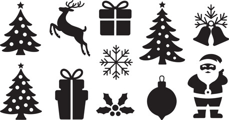 Assortment of Christmas Icons Featuring Trees Reindeer Gifts Santa Claus Snowflakes Bells and Holly holiday