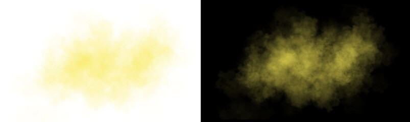 Realistic yellow smoke cloud with soft edges and transparent texture shown on white and black backgrounds for design use