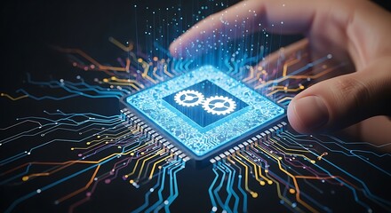 A hand hovers over a glowing blue computer chip with gears, symbolizing automation, artificial intelligence, and the future of technology and innovation