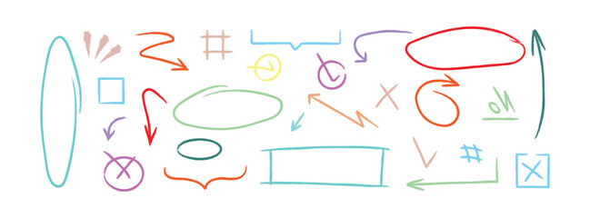 Set of Hand drawn doodle design Colorful charcoal or pencil drawn punctuation marks. Cute handwritten crown, heart, star with marker stroke pencil highlight. brush art design. Vector