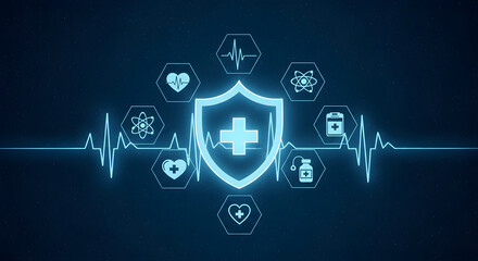Digital healthcare shield with medical icons and heartbeat line