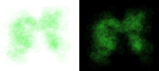 Realistic green smoke cloud with soft edges and transparent texture shown on white and black backgrounds for design use