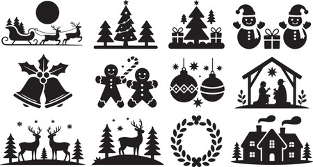 Collection of twelve black silhouette Christmas themed icons including sleigh reindeer trees snowmen bells gingerbread men baubles nativity scene and wreath Keywords: christmas, holiday, xmas © KDP Coloring Pages