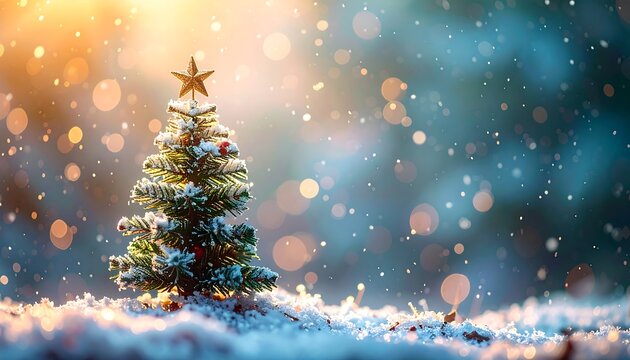 Mini festive evergreen with star sits in snowy landscape beneath bokeh lights, evoking a holiday spirit