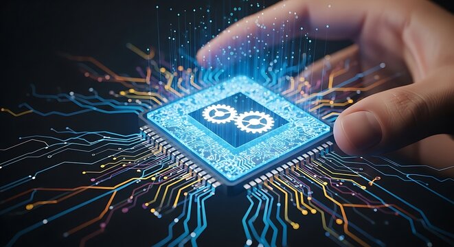 A hand hovers over a glowing blue computer chip with gears, symbolizing automation, artificial intelligence, and the future of technology and innovation