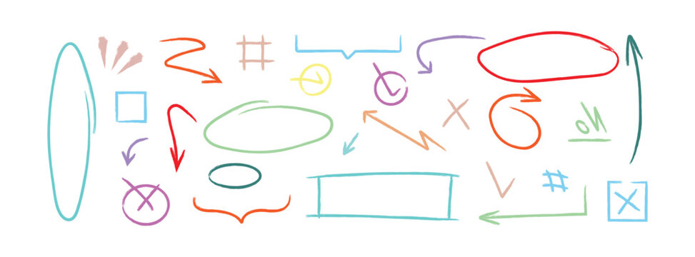 Set of Hand drawn doodle design Colorful charcoal or pencil drawn punctuation marks. Cute handwritten crown, heart, star with marker stroke pencil highlight. brush art design. Vector