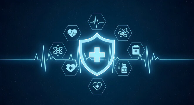 Digital healthcare shield with medical icons and heartbeat line