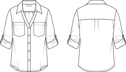 Shirt, blouse, women, fashion, apparel, garment, clothing, button, up, collar, long, sleeve, pocket, casual, formal, design, template, illustration, vector, style, wear