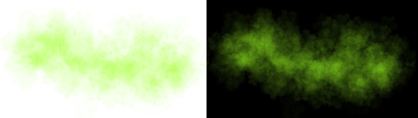 Realistic green smoke cloud with soft edges and transparent texture shown on white and black backgrounds for design use