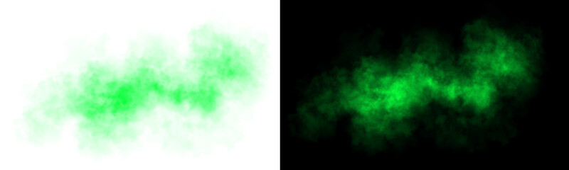 Realistic green smoke cloud with soft edges and transparent texture shown on white and black backgrounds for design use