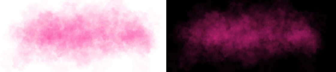 Realistic pink purple smoke cloud with soft edges and transparent texture shown on white and black backgrounds for design use