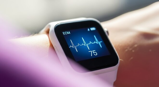 Closeup of a smartwatch displaying an ecg reading, symbolizing health monitoring, fitness tracking, and the integration of technology in healthcare