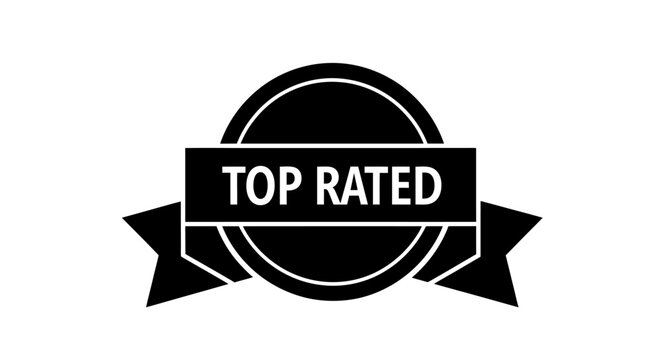 A black and white top rated badge design with a ribbon banner
