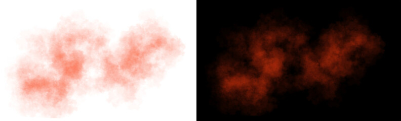 Realistic red smoke cloud with soft edges and transparent texture shown on white and black backgrounds for design use