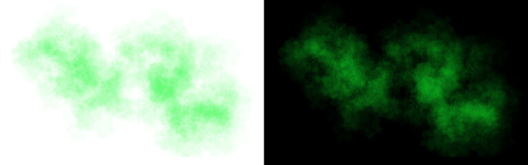 Realistic green smoke cloud with soft edges and transparent texture shown on white and black backgrounds for design use