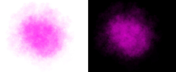 Realistic pink purple smoke cloud with soft edges and transparent texture shown on white and black backgrounds for design use