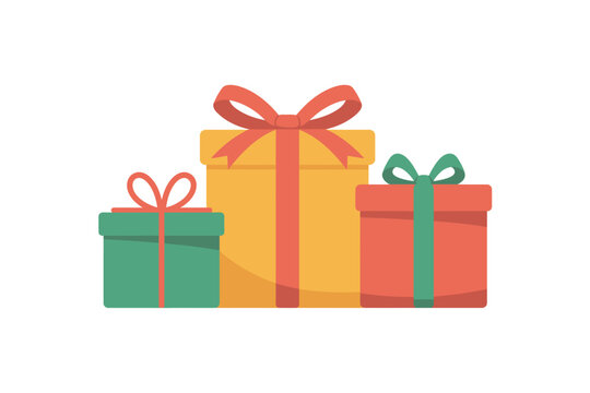 Three colorful gift boxes with ribbons arranged together against a white background.