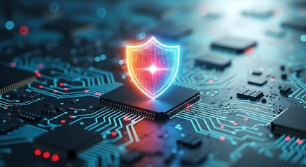 Cybersecurity concept with glowing shield on computer chip, symbolizing data protection and digital security in a hightech environment