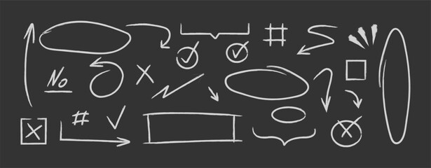 Set of Hand drawn doodle design elements, charcoal or pencil drawn punctuation marks. Cute handwritten crown, heart, star with marker stroke pencil highlight. brush art design. Vector