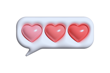A glossy 3D render of a chat notification bubble containing three glowing pink and red hearts, symbolizing a message of love, like, or affection in online communication